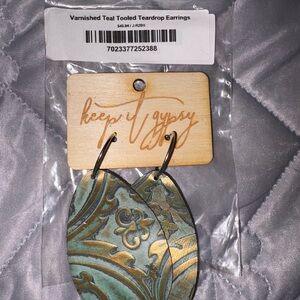 Keep It Gypsy Teal Varnished Tooled Teardrop Earrings - Teal/Gold